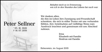 Anzeige von Peter Sellner von Reutlinger General-Anzeiger