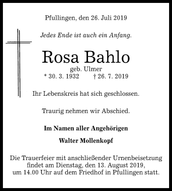 Anzeige von Rosa Bahlo von Reutlinger General-Anzeiger