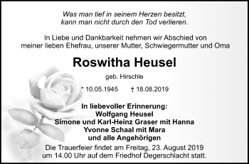 Anzeige von Roswitha Heusel von Reutlinger General-Anzeiger
