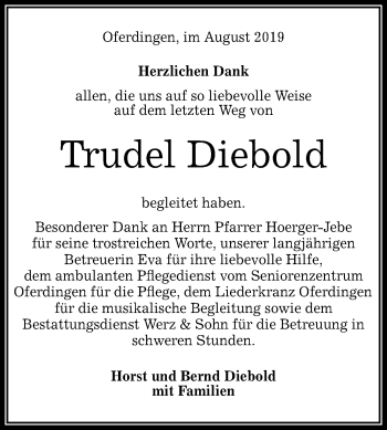 Anzeige von Trudel Diebold von Reutlinger General-Anzeiger