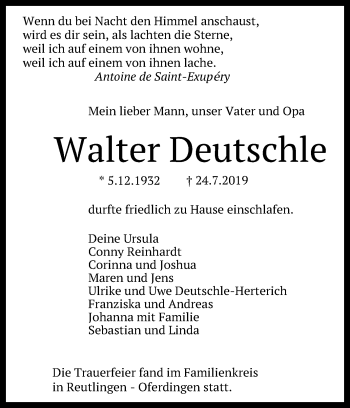 Anzeige von Walter Deutschle von Reutlinger General-Anzeiger