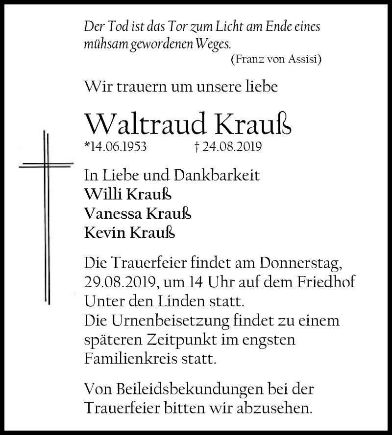  Traueranzeige für Waltraud Krauß vom 27.08.2019 aus Reutlinger General-Anzeiger