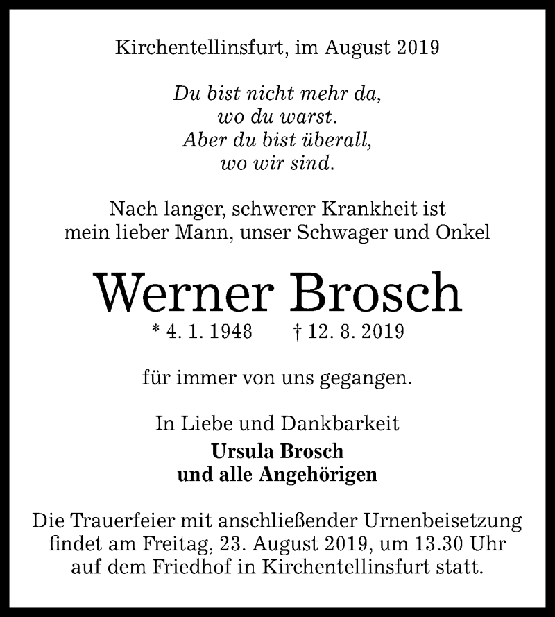  Traueranzeige für Werner Brosch vom 19.08.2019 aus Reutlinger General-Anzeiger