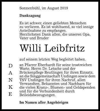 Anzeige von Willi Leibfritz von Reutlinger General-Anzeiger