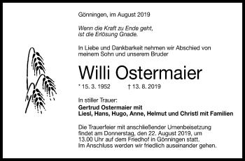 Anzeige von Willi Ostermaier von Reutlinger General-Anzeiger