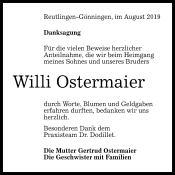 Anzeige von Willi Ostermaier von Reutlinger General-Anzeiger