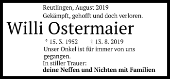 Anzeige von Willi Ostermaier von Reutlinger General-Anzeiger