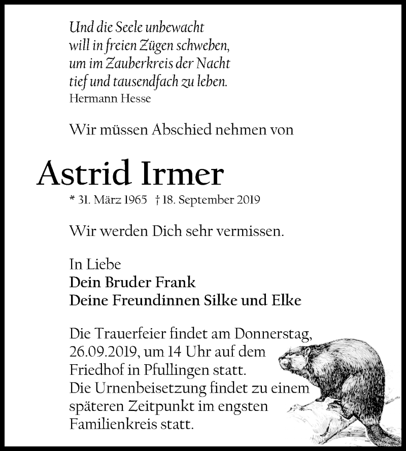  Traueranzeige für Astrid Irmer vom 21.09.2019 aus Reutlinger General-Anzeiger
