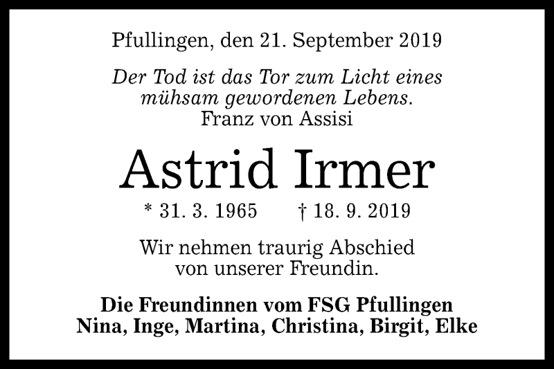  Traueranzeige für Astrid Irmer vom 21.09.2019 aus Reutlinger General-Anzeiger