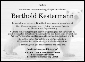 Anzeige von Berthold Kestermann von Reutlinger General-Anzeiger