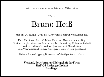 Anzeige von Bruno Heiß von Reutlinger General-Anzeiger