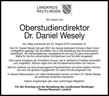 Anzeige von Daniel Wesely von Reutlinger General-Anzeiger