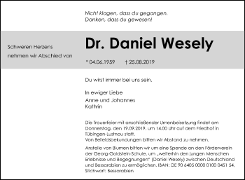 Anzeige von Daniel Wesely von Reutlinger General-Anzeiger