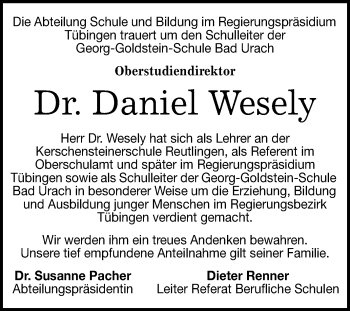 Anzeige von Daniel Wesely von Reutlinger General-Anzeiger