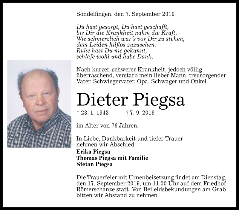  Traueranzeige für Dieter Piegsa vom 12.09.2019 aus Reutlinger General-Anzeiger