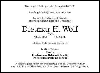 Anzeige von Dietmar H. Wolf von Reutlinger General-Anzeiger
