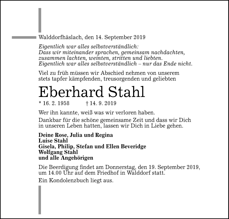  Traueranzeige für Eberhard Stahl vom 17.09.2019 aus Reutlinger General-Anzeiger