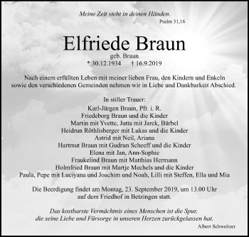 Anzeige von Elfriede Braun von Reutlinger General-Anzeiger
