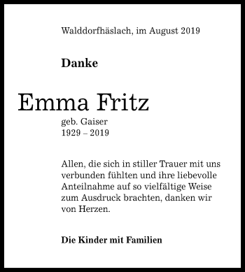 Anzeige von Emma Fritz von Reutlinger General-Anzeiger