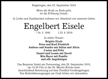 Anzeige von Engelbert Eisele von Reutlinger General-Anzeiger