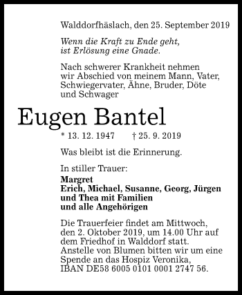 Anzeige von Eugen Bantel von Reutlinger General-Anzeiger