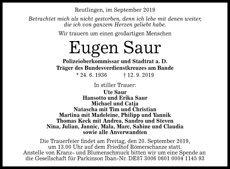  Traueranzeige für Eugen Saur vom 17.09.2019 aus Reutlinger General-Anzeiger