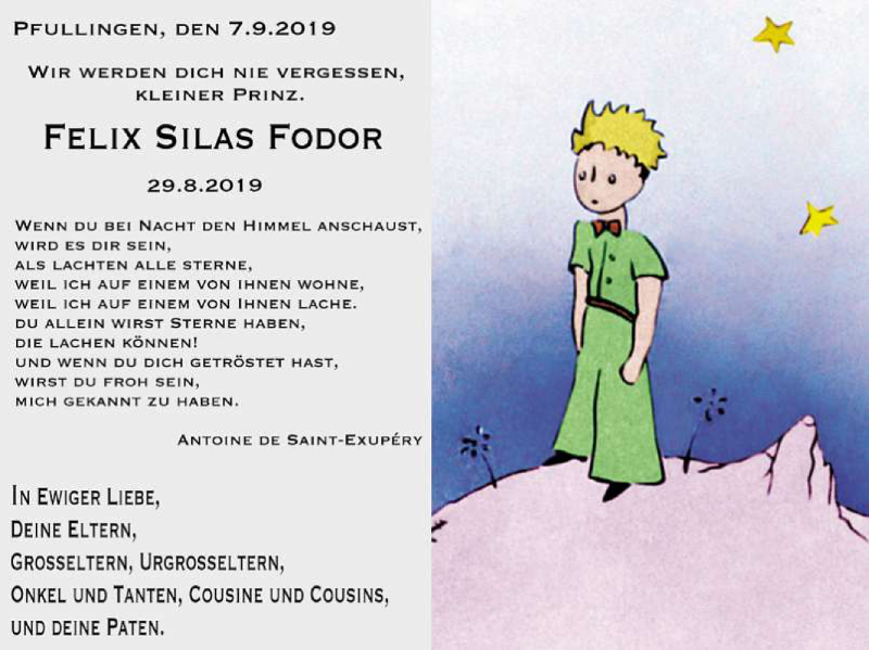  Traueranzeige für Felix Silas Fodor vom 07.09.2019 aus Reutlinger General-Anzeiger