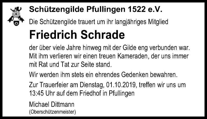  Traueranzeige für Friedrich Schrade vom 28.09.2019 aus Reutlinger General-Anzeiger