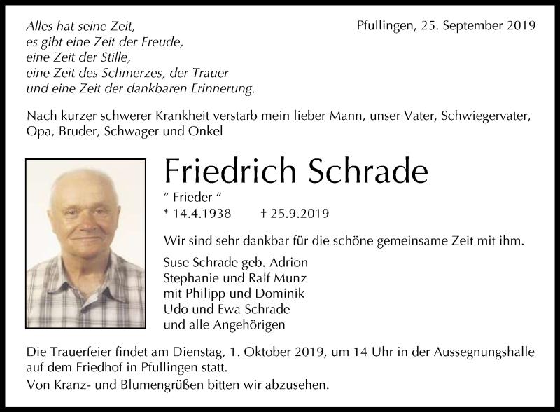  Traueranzeige für Friedrich Schrade vom 28.09.2019 aus Reutlinger General-Anzeiger