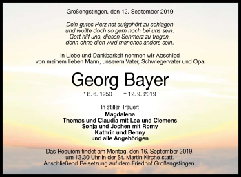 Anzeige von Georg Bayer von Reutlinger General-Anzeiger