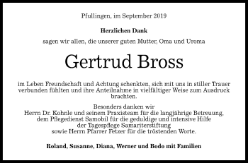 Anzeige von Gertrud Bross von Reutlinger General-Anzeiger