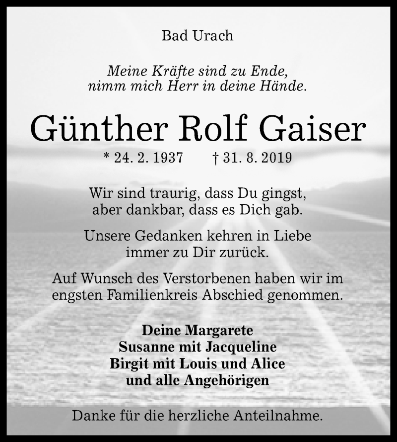 Traueranzeige für Günther Rolf Gaiser vom 11.09.2019 aus Reutlinger General-Anzeiger