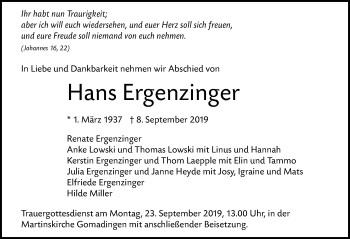 Anzeige von Hans Ergenzinger von Reutlinger General-Anzeiger