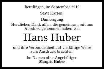 Anzeige von Hans Huber von Reutlinger General-Anzeiger