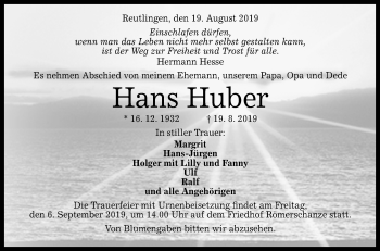 Anzeige von Hans Huber von Reutlinger General-Anzeiger