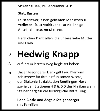 Anzeige von Hedwig Knapp von Reutlinger General-Anzeiger