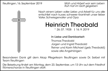 Anzeige von Heinrich Theobald von Reutlinger General-Anzeiger