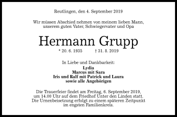 Anzeige von Hermann Grupp von Reutlinger General-Anzeiger