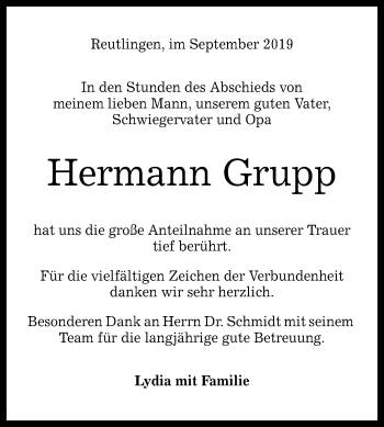 Anzeige von Hermann Grupp von Reutlinger General-Anzeiger
