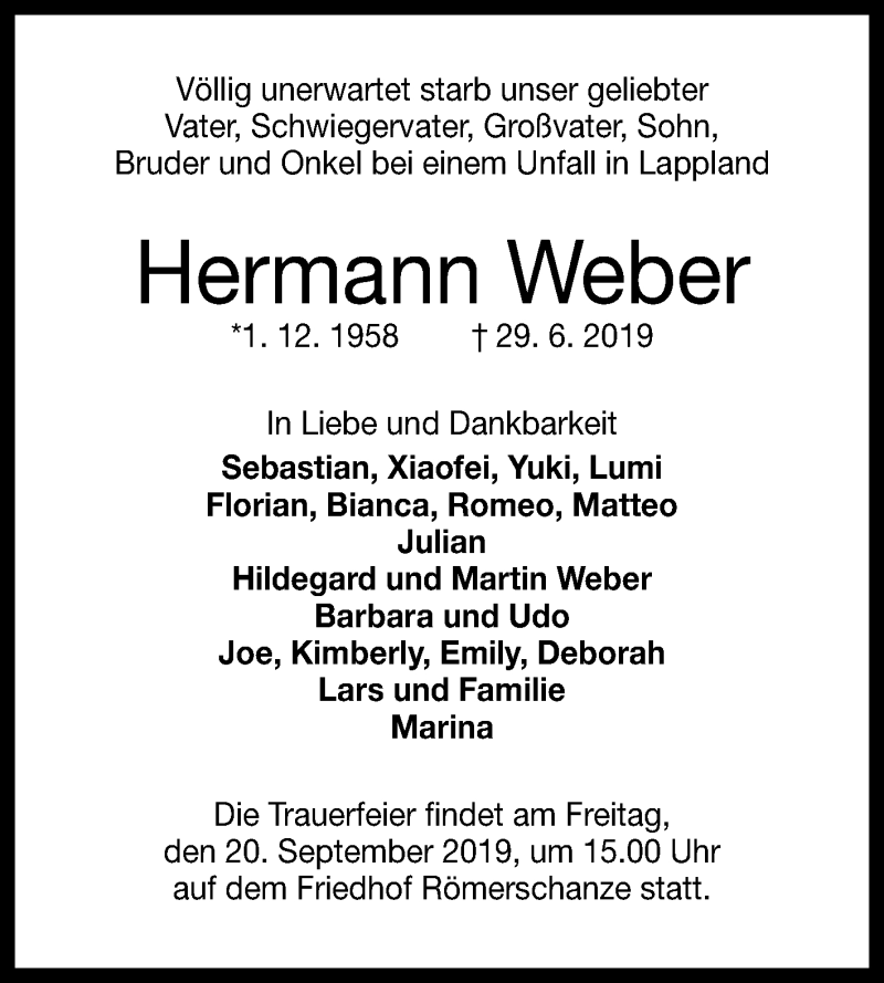 Traueranzeige für Hermann Weber vom 16.09.2019 aus Reutlinger General-Anzeiger