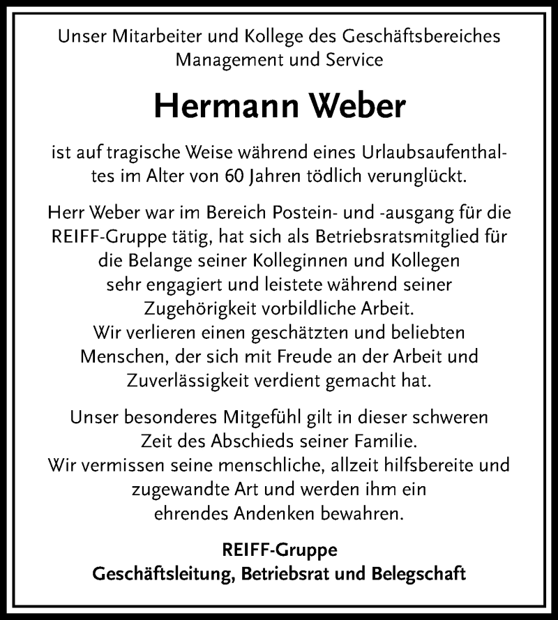  Traueranzeige für Hermann Weber vom 16.09.2019 aus Reutlinger General-Anzeiger