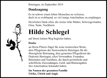 Anzeige von Hilde Schlegel von Reutlinger General-Anzeiger