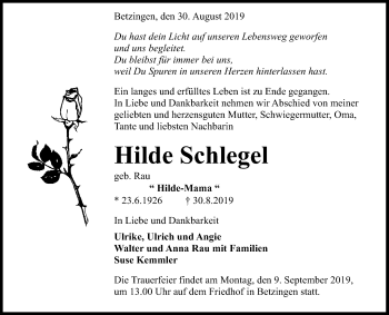 Anzeige von Hilde Schlegel von Reutlinger General-Anzeiger