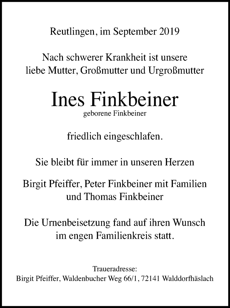  Traueranzeige für Ines Finkbeiner vom 14.09.2019 aus Reutlinger General-Anzeiger