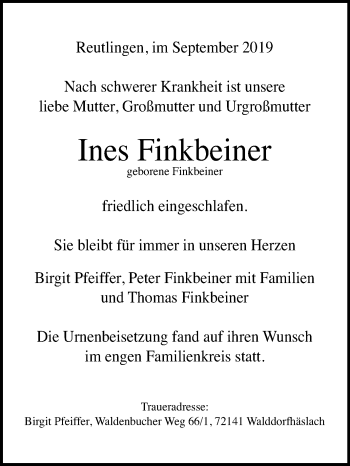 Anzeige von Ines Finkbeiner von Reutlinger General-Anzeiger