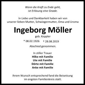 Anzeige von Ingeborg Möller von Reutlinger General-Anzeiger