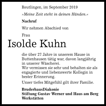 Anzeige von Isolde Kuhn von Reutlinger General-Anzeiger