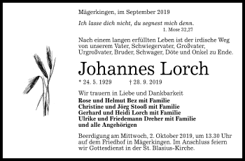 Anzeige von Johannes Lorch von Reutlinger General-Anzeiger