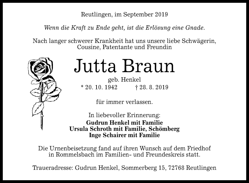  Traueranzeige für Jutta Braun vom 07.09.2019 aus Reutlinger General-Anzeiger