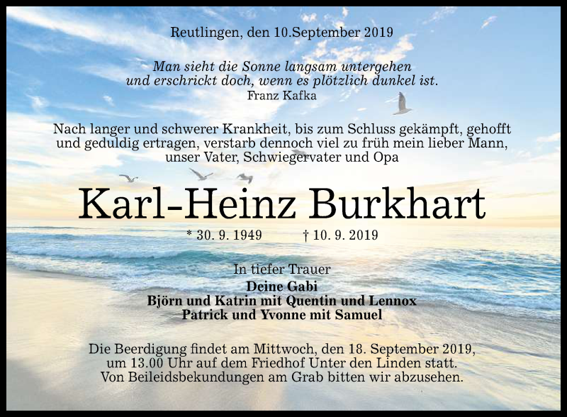  Traueranzeige für Karl-Heinz Burkhart vom 14.09.2019 aus Reutlinger General-Anzeiger